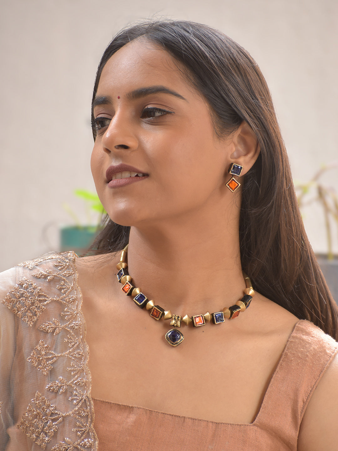 Terracotta Antique Gold Necklace Set with Blue & Amber Square Stones