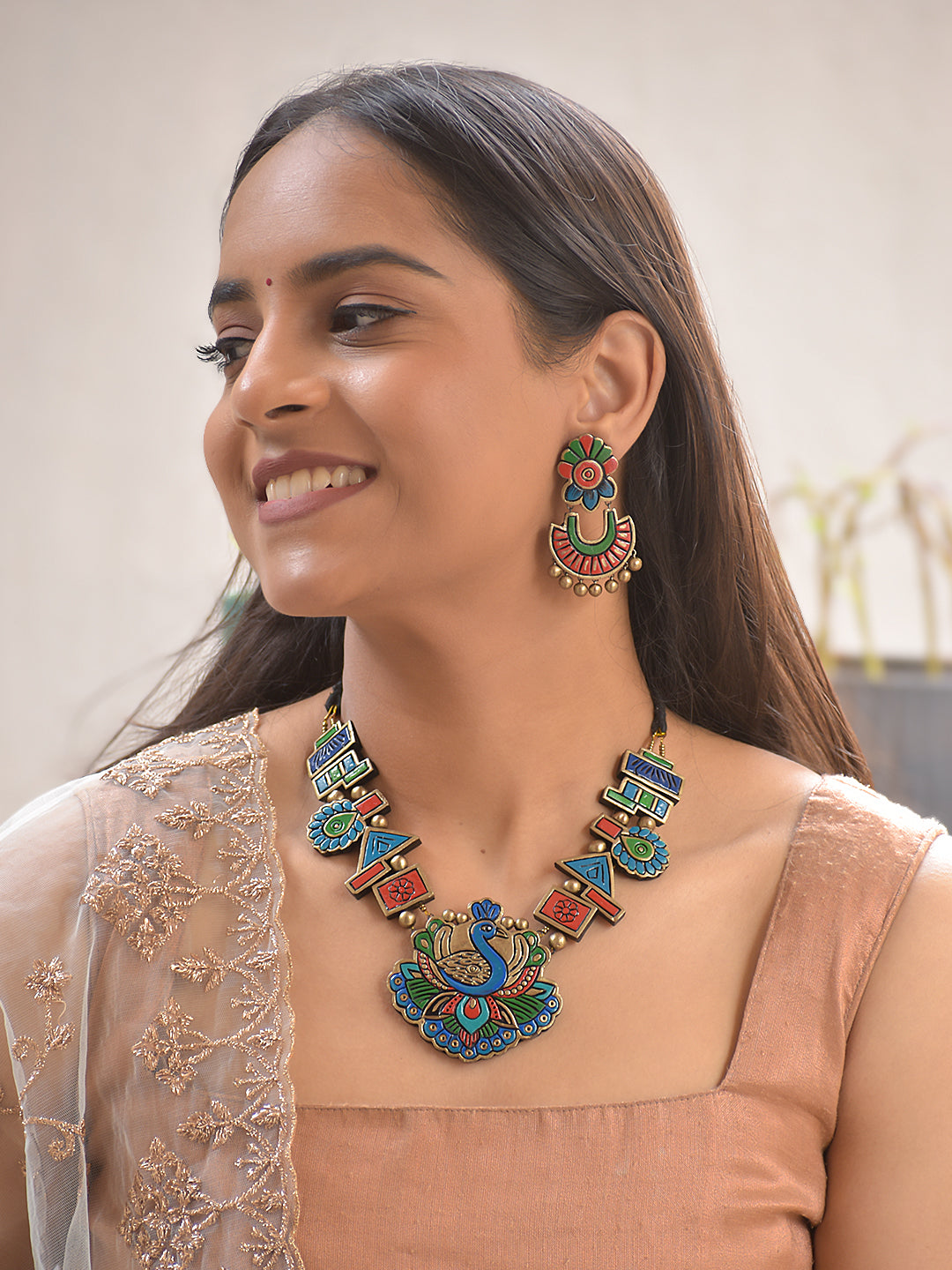 Terracotta Peacock Motif Necklace with Geometric Beads & Matching Earrings