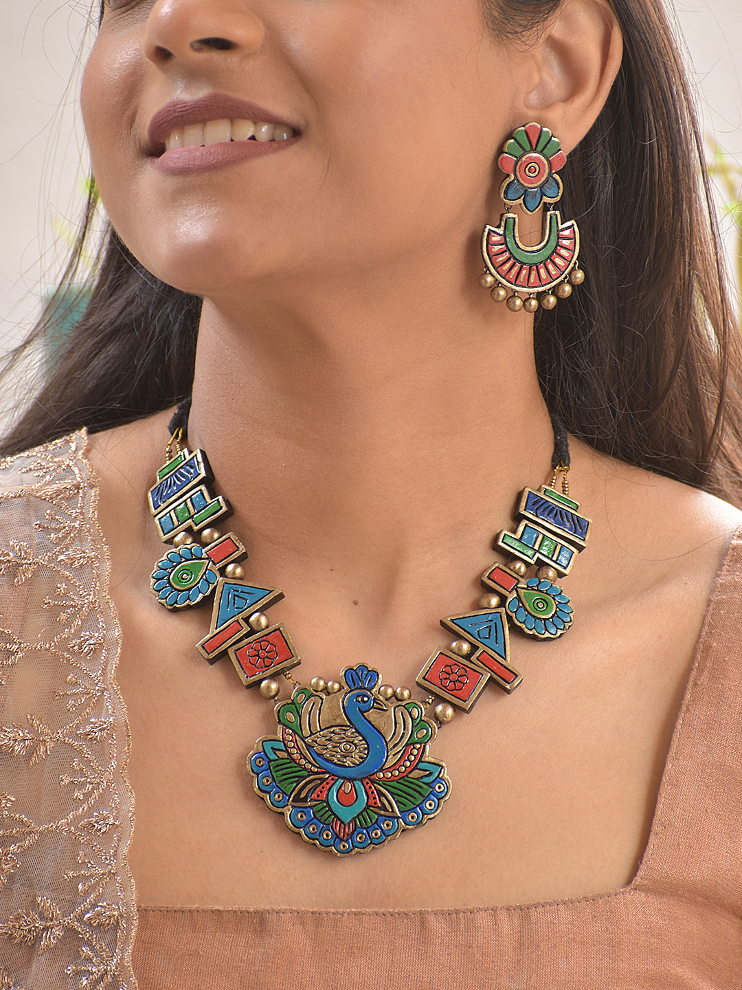 Terracotta Peacock Motif Necklace with Geometric Beads & Matching Earrings