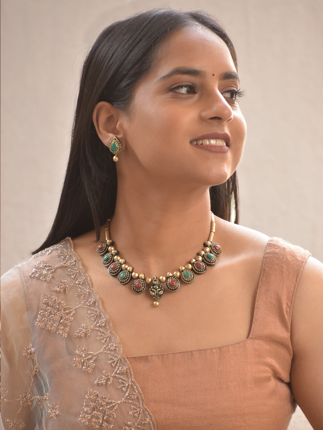 Terracotta Antique Gold Necklace Set with Red & Green Teardrop Stones
