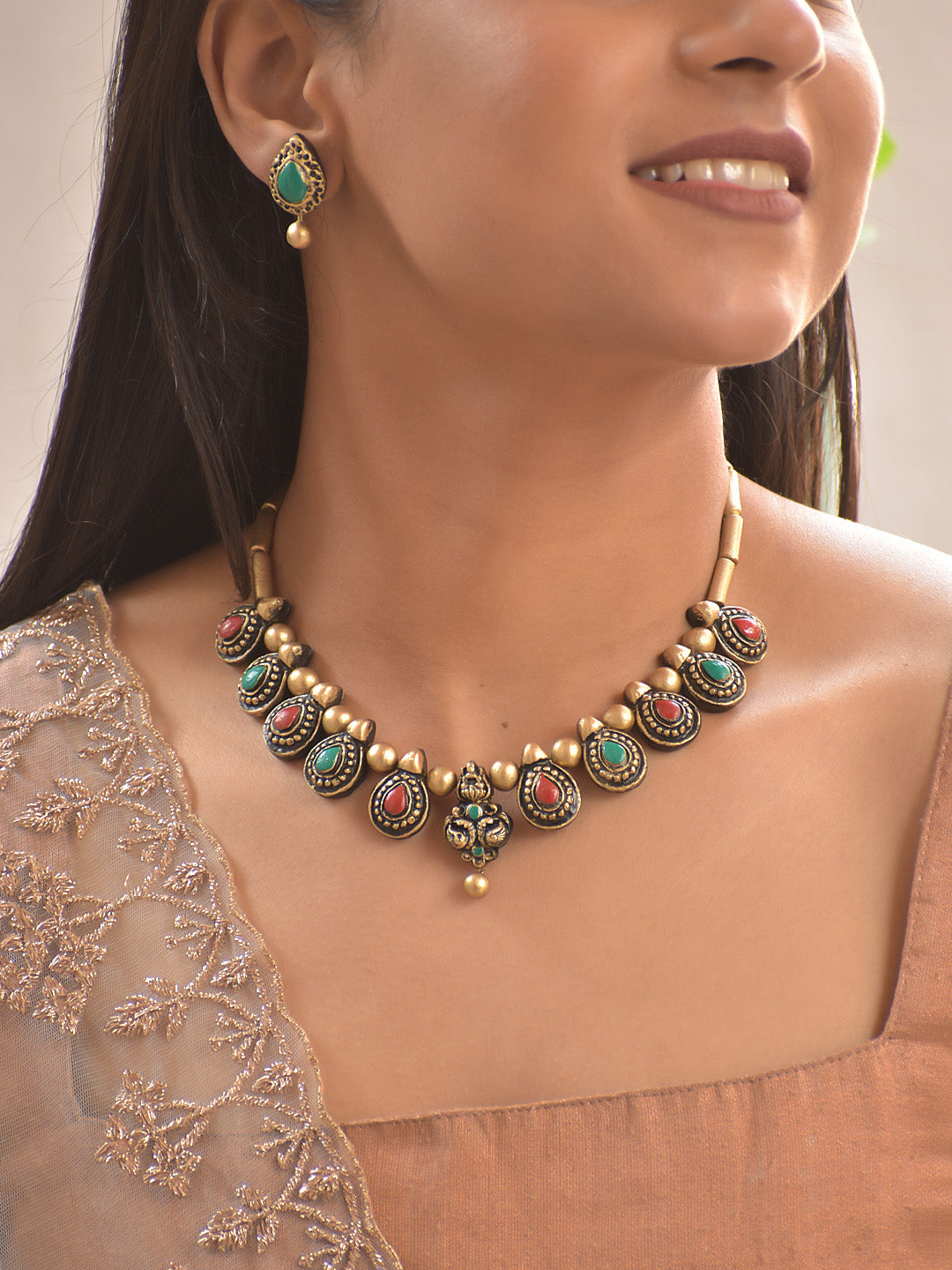 Terracotta Antique Gold Necklace Set with Red & Green Teardrop Stones