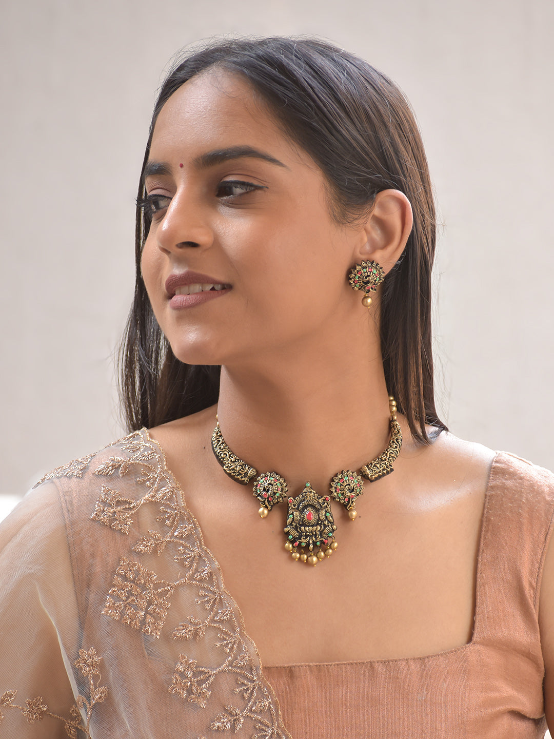 Terracotta Antique Gold Temple Necklace Set with Goddess Motif & Pearl Drops