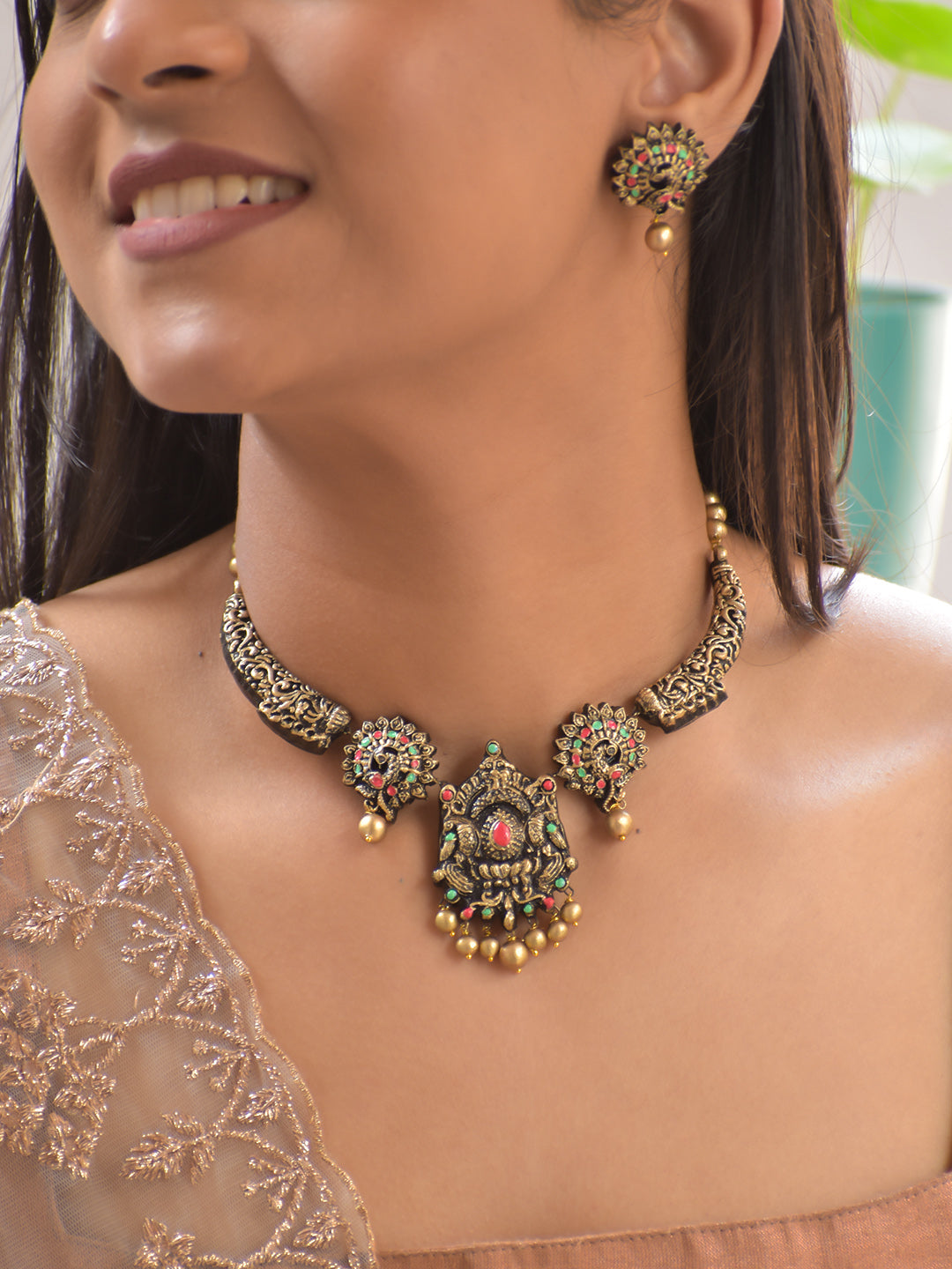 Terracotta Antique Gold Temple Necklace Set with Goddess Motif & Pearl Drops