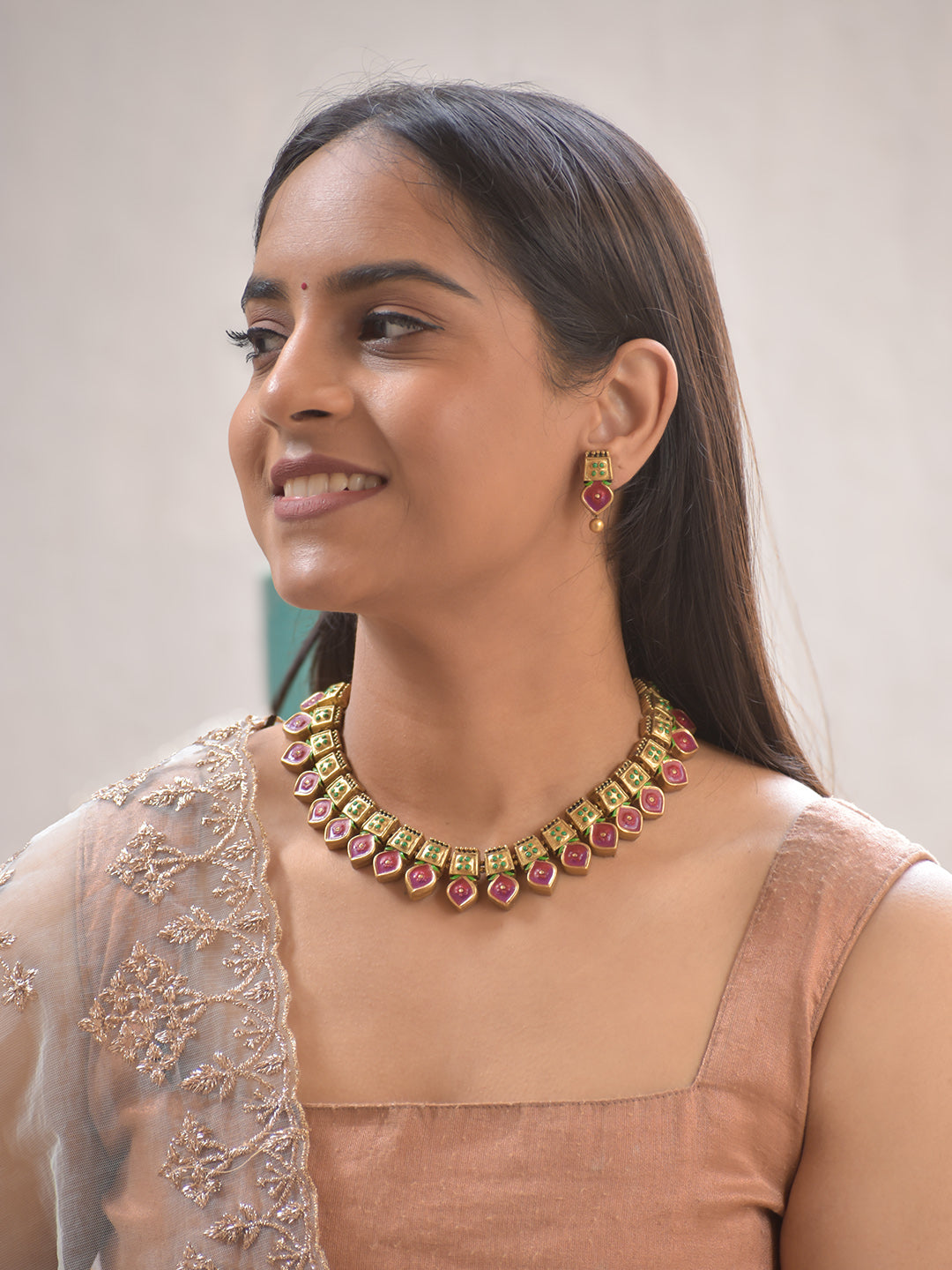 Hand-Painted Terracotta Necklace Set – Antique Gold & Deep Magenta with Emerald Green Accents