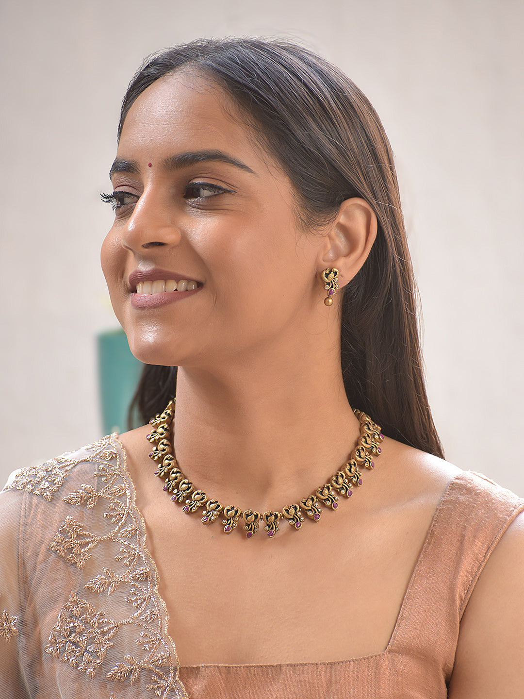 Kemp-Style Peacock Motif Handcrafted Terracotta Necklace