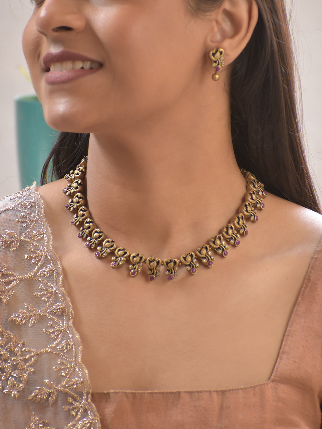 Kemp-Style Peacock Motif Handcrafted Terracotta Necklace