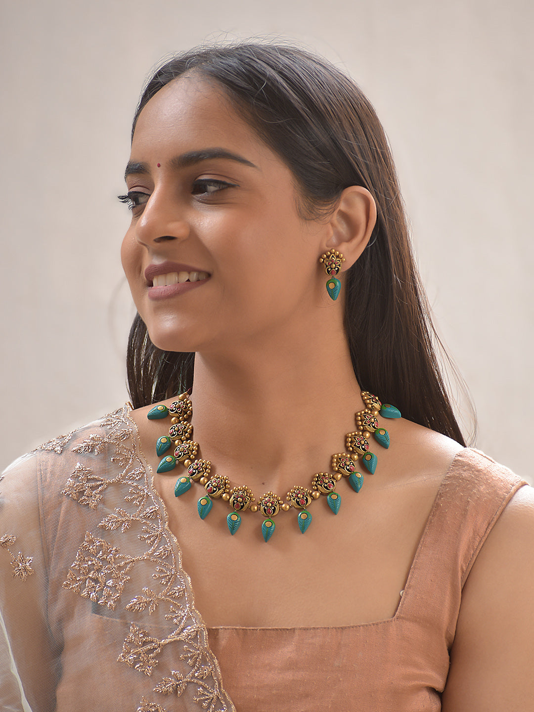 Terracotta Floral Cluster Necklace with Green Leaf Drops & Matching Stud Earrings