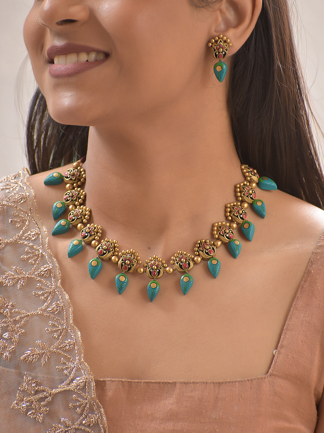 Terracotta Floral Cluster Necklace with Green Leaf Drops & Matching Stud Earrings