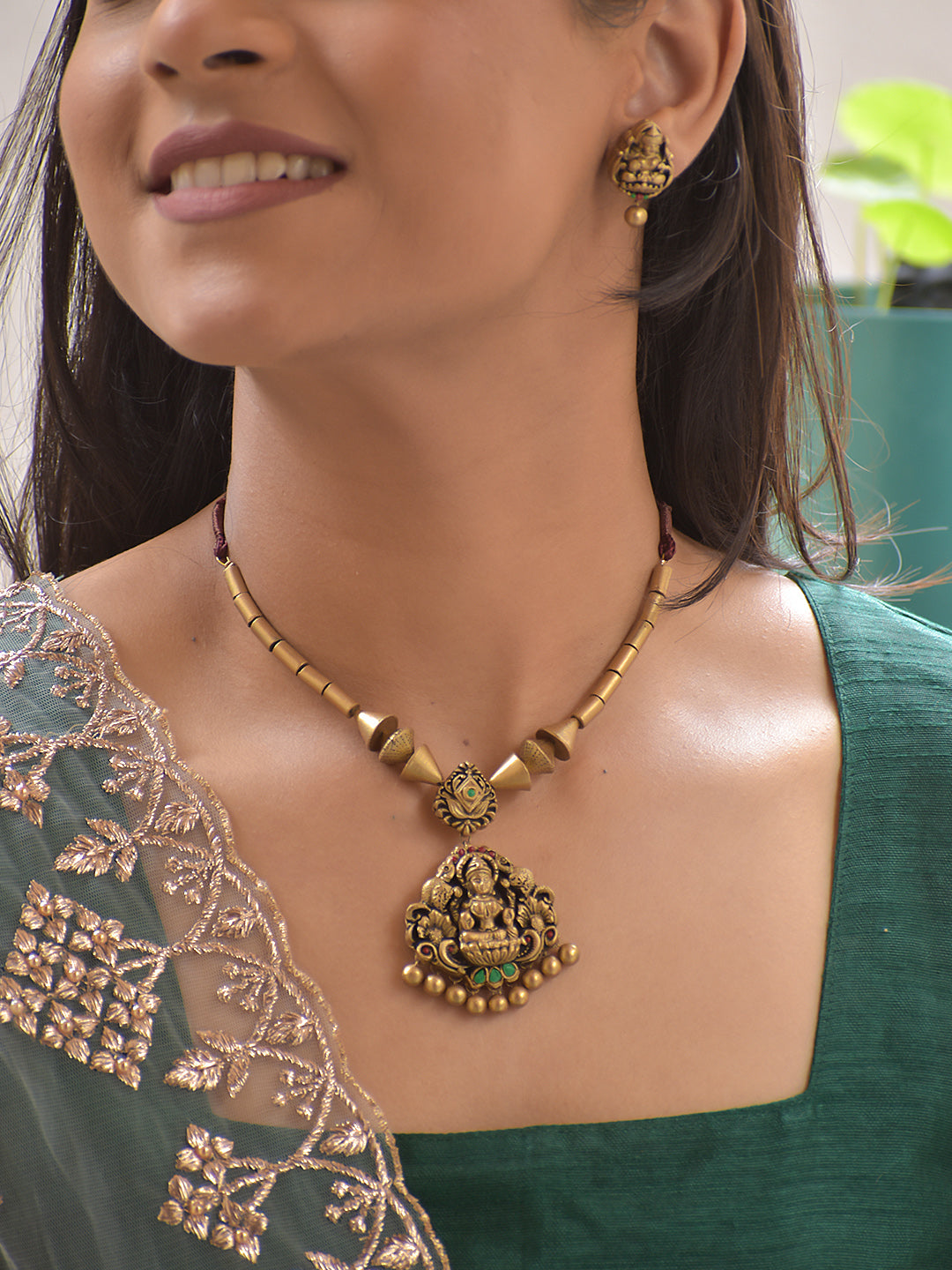 Terracotta Lakshmi Motif Pendant Necklace with Antique Beads & Stud Earrings