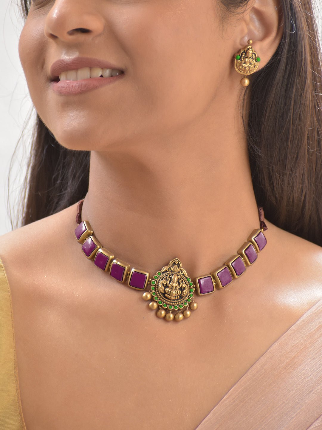 Terracotta Pink Square Stone Choker Necklace with Lakshmi Goddess Motif & Earrings