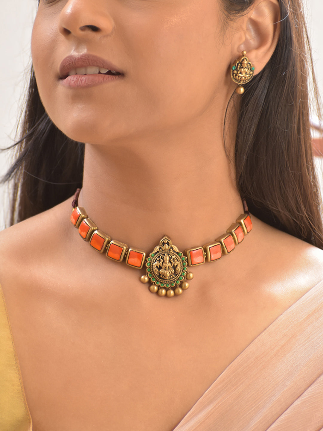 Terracotta Orange Square Stone Choker Necklace with Lakshmi Goddess Pendant & Earrings
