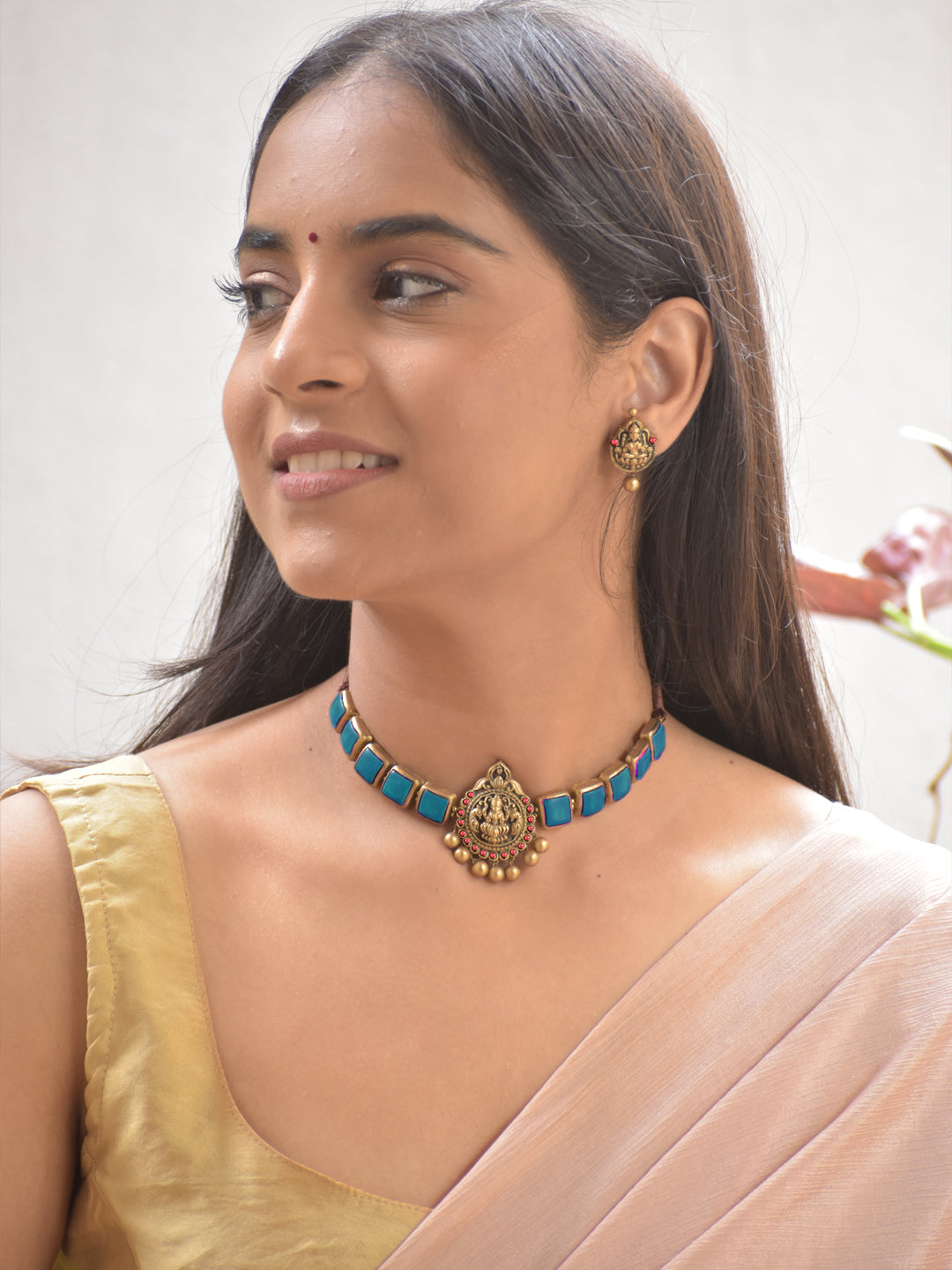 Terracotta Sky Blue Square Stone Choker Necklace with Lakshmi Goddess Pendant & Earrings