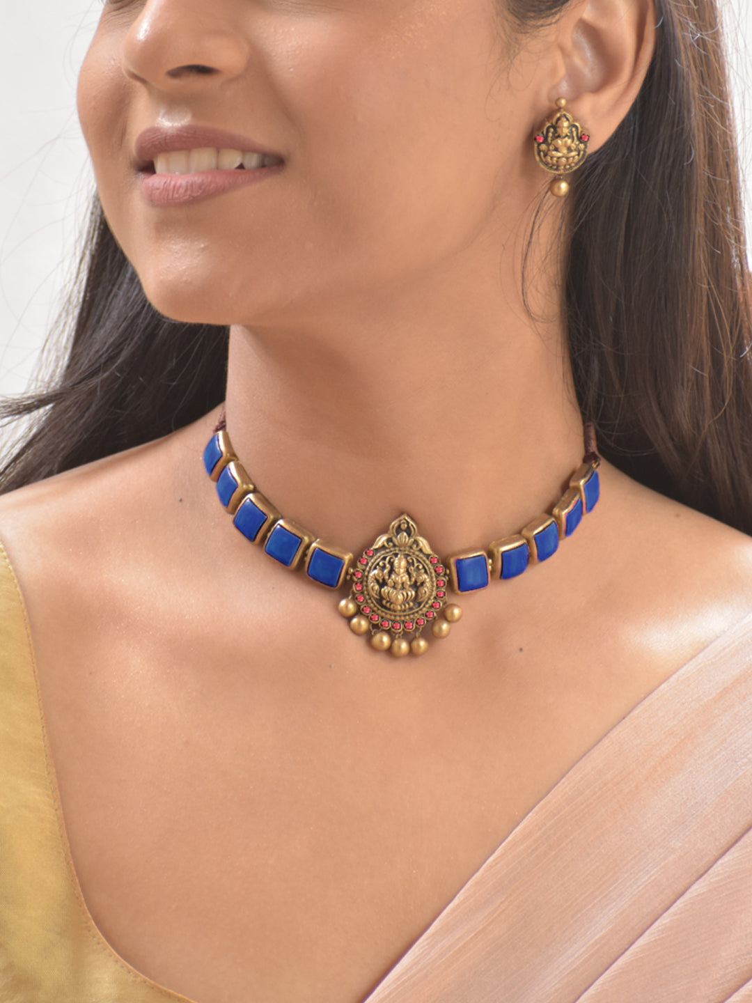 Terracotta Blue Square Stone Choker Necklace with Lakshmi Goddess Pendant & Earrings