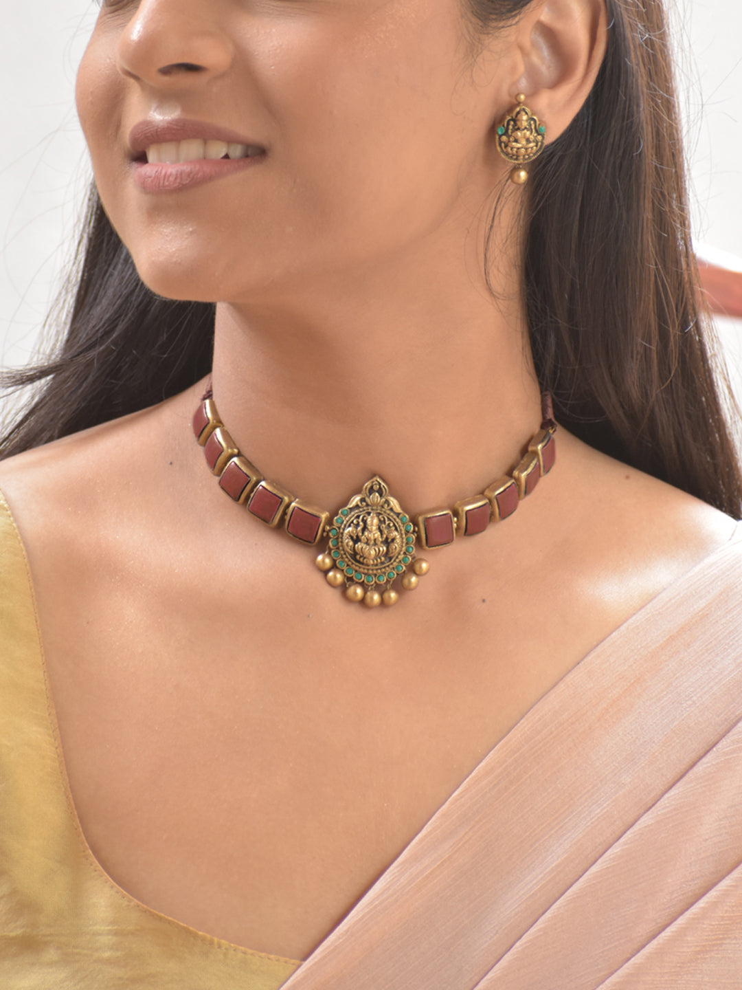 Terracotta Brown Square Stone Choker Necklace with Lakshmi Goddess Pendant & Earrings
