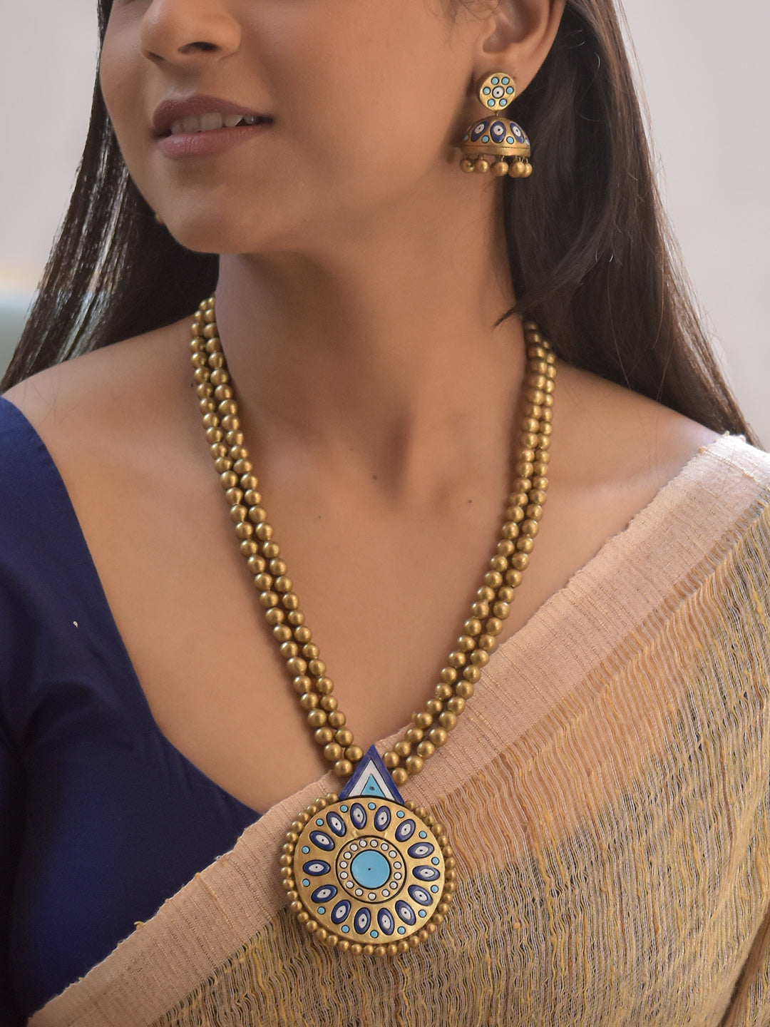 Handmade Terracotta Blue Mandala Pendant Necklace with Golden Beads and Matching Jhumka Earrings - Evil Eye