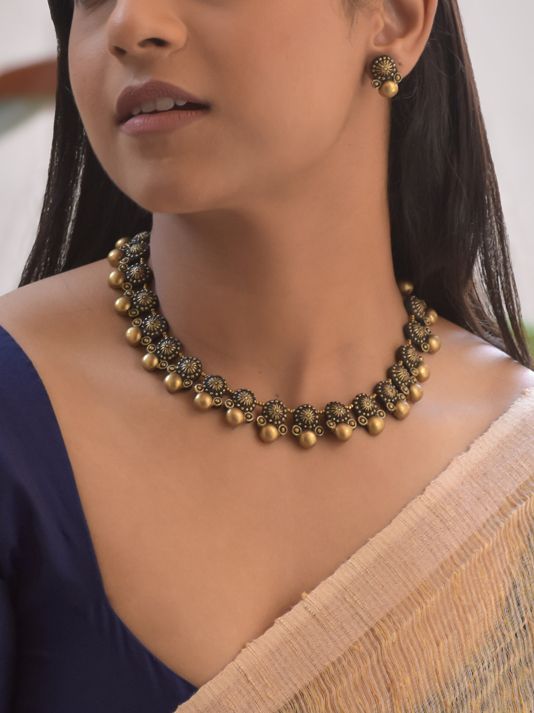 Handmade Terracotta Antique Gold Floral Choker Necklace with Bead Drops and Matching Stud Earrings