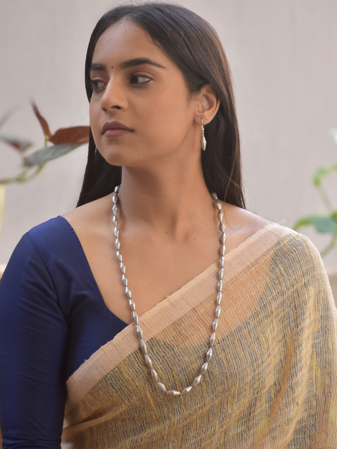 Handmade Terracotta Silver Elongated Bead Necklace with Matching Earrings