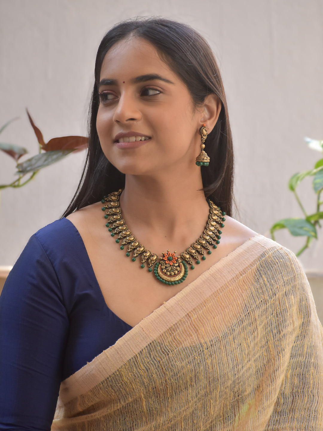 Handmade Terracotta Antique Gold Peacock Motif Choker Necklace with Green Bead Drops