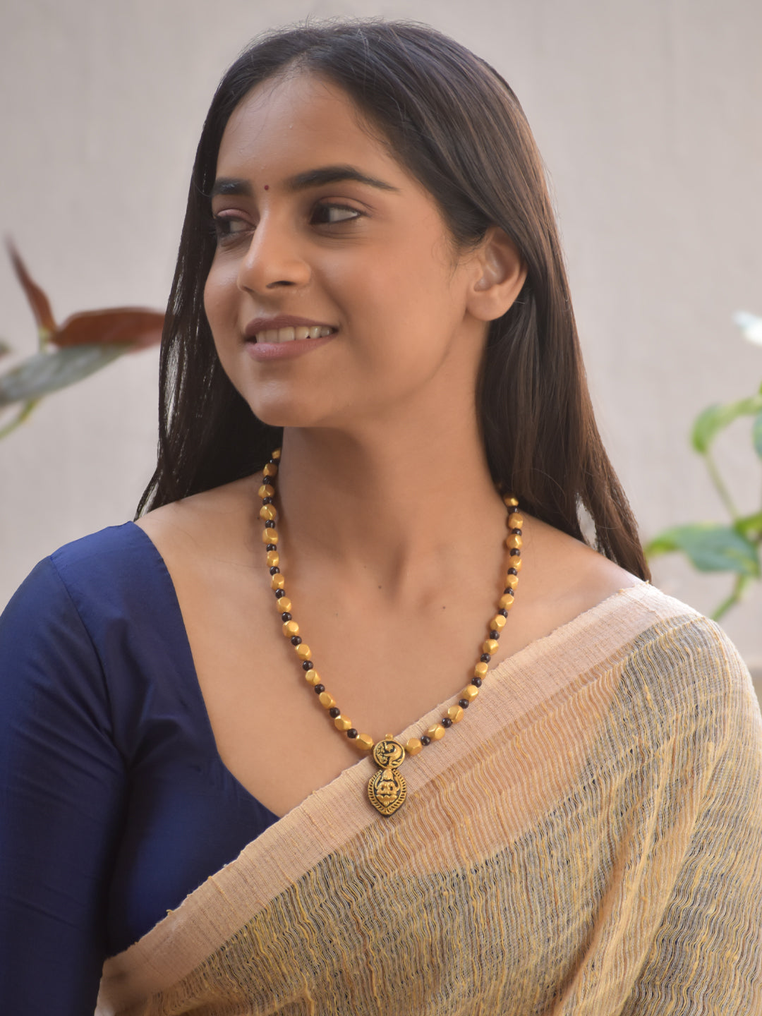 Handmade Terracotta Antique Gold Peacock Lakshmi Pendant Necklace