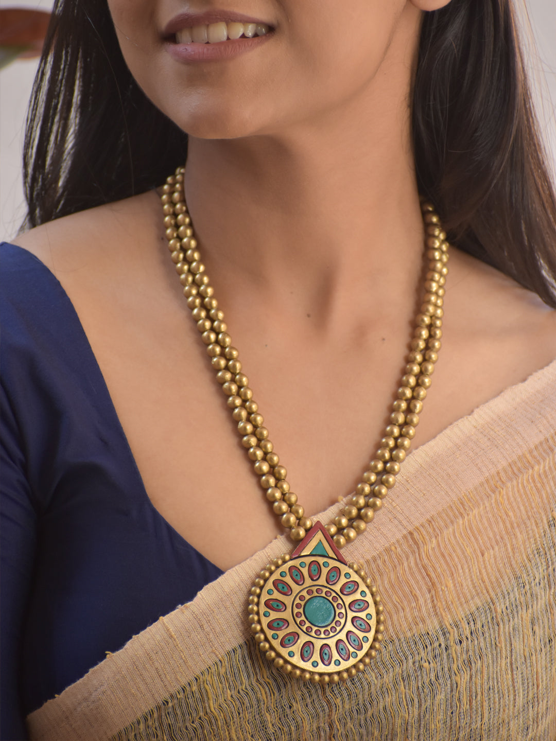 Handmade Terracotta Dual-Layer Gold Beaded Round Mandala Necklace