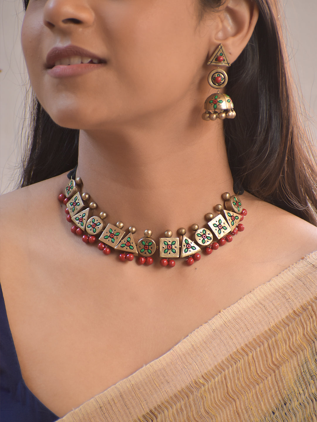 Terracotta Antique Gold and Red Geometric Necklace Set with Matching Earrings