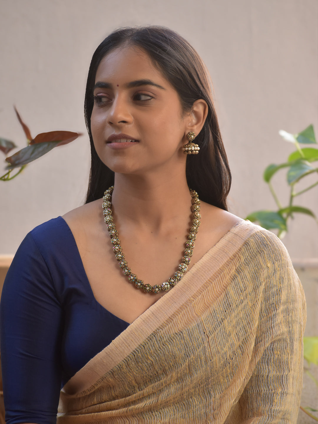 Terracotta Antique Gold Floral Multi Color Beaded Necklace Set with Earrings