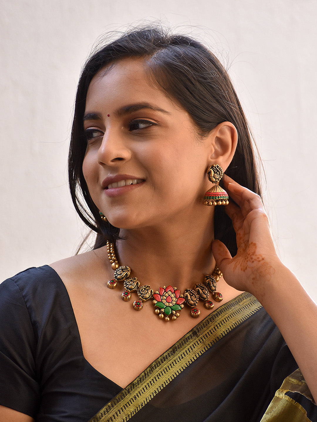 Beautifully Handcrafted Lotus & Peacock Terracotta Jewellery Set in Red, Green & Antique Gold