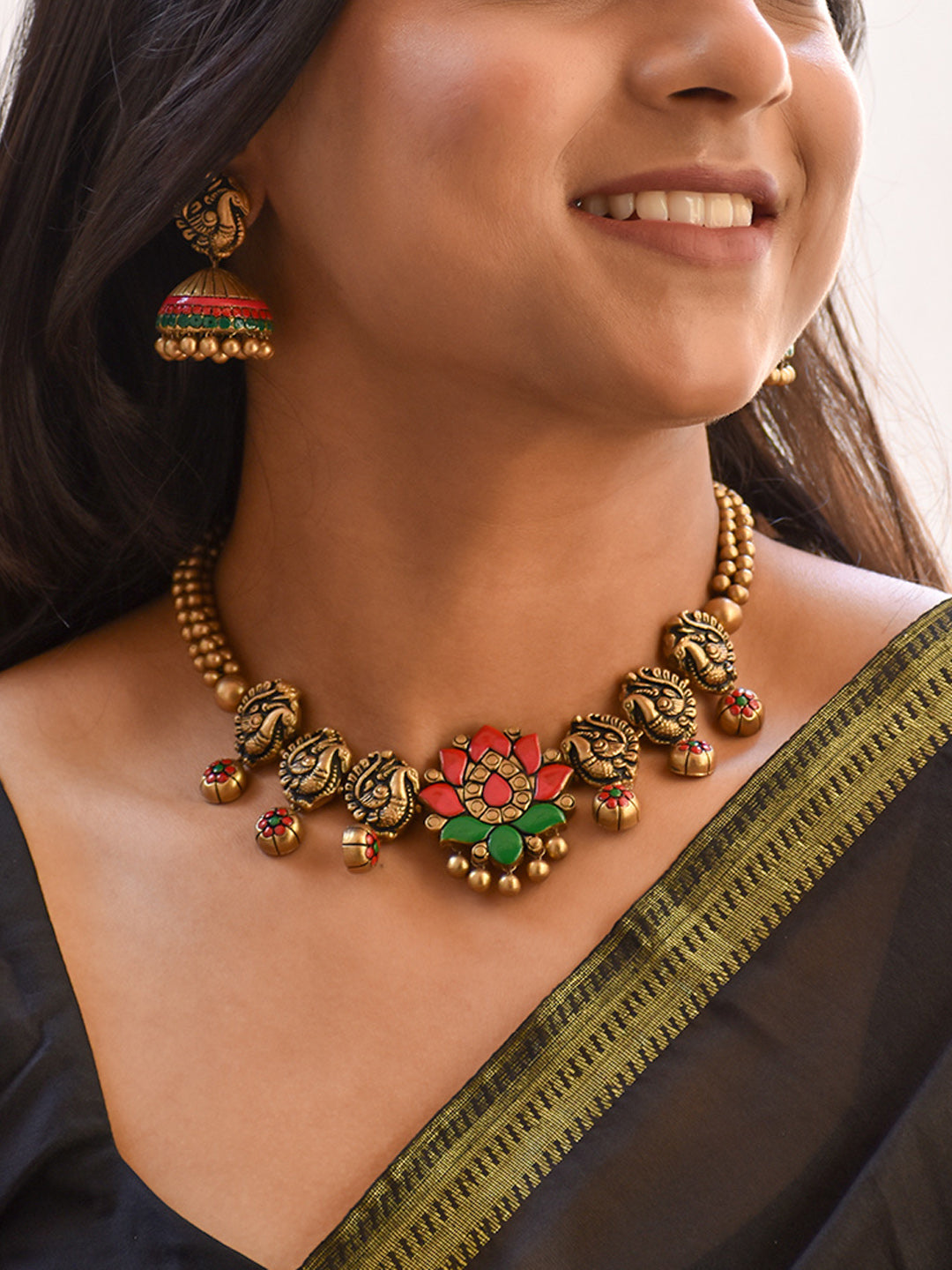 Beautifully Handcrafted Lotus & Peacock Terracotta Jewellery Set in Red, Green & Antique Gold