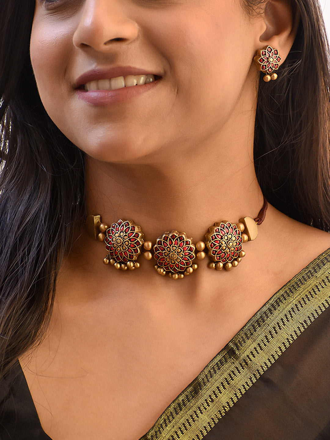 Kusumita — Handcrafted Floral Terracotta Choker Jewellery Set in Red & Antique Gold