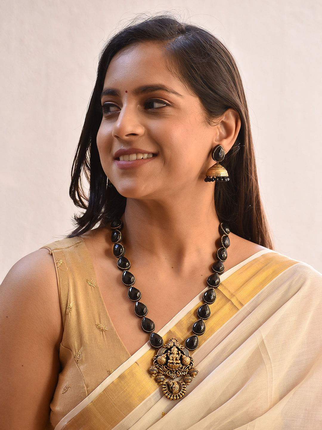 Handcrafted Temple Terracotta Jewellery Set in Jet Black & Antique Gold