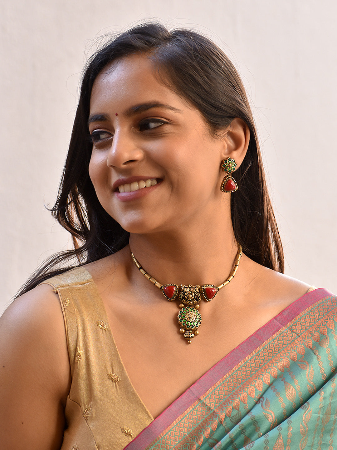 Aaradhya — Beautfully Handcrafted Floral Design Gold, Red, and Green Jewelry Set