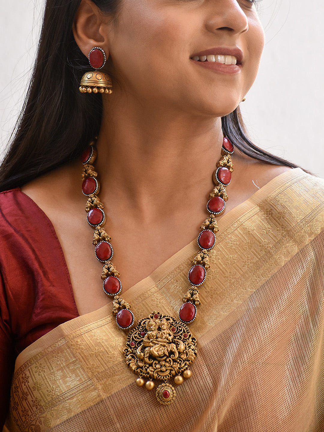 Divya Mandira — Beautifully Handcrafted Temple Terracotta Jewellery Set in Maroon & Antique Gold