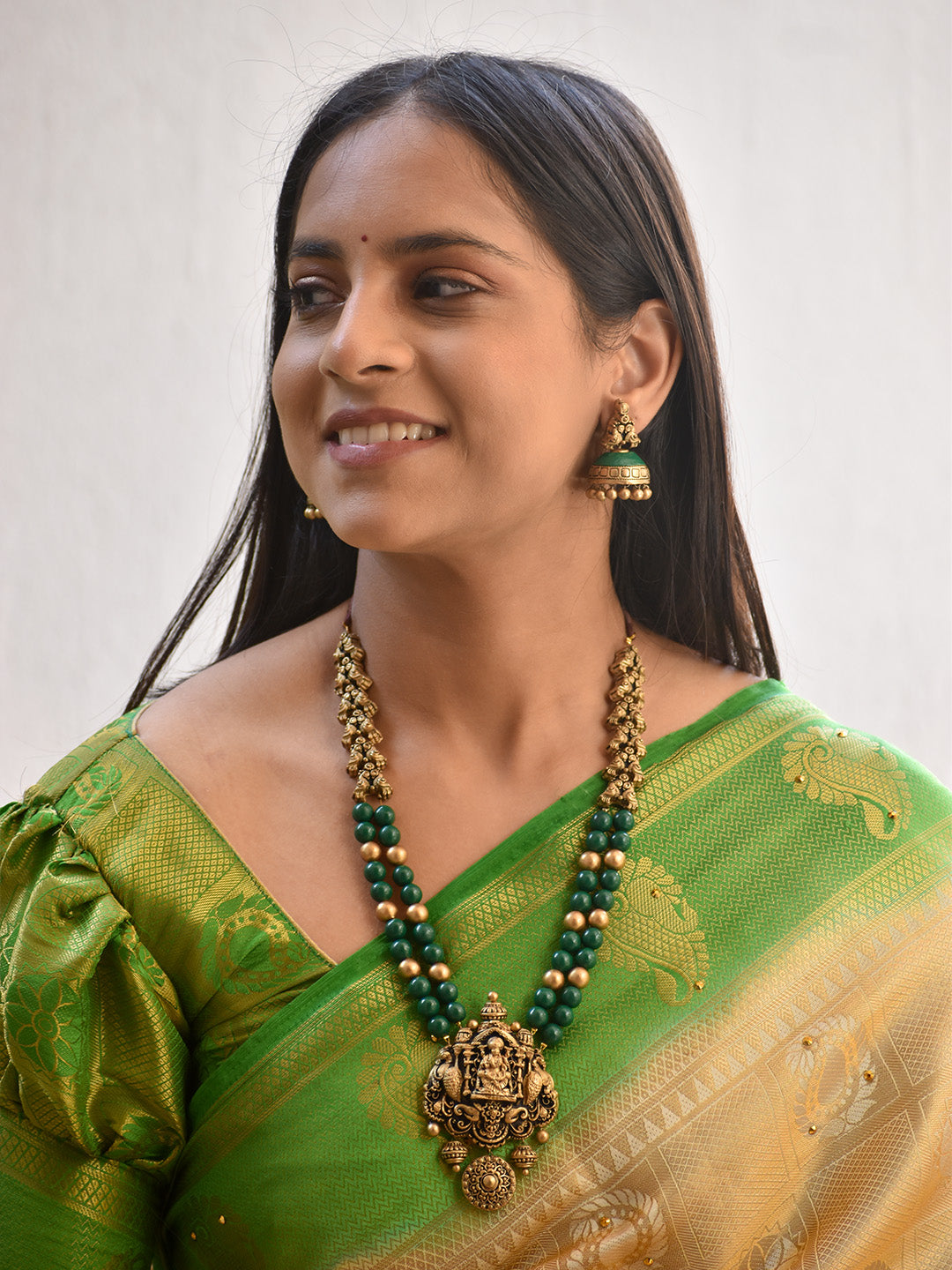 Devashree — Beautifully Handcrafted Temple Two Layer Terracotta Jewellery Set in Emerald Green & Antique Gold"