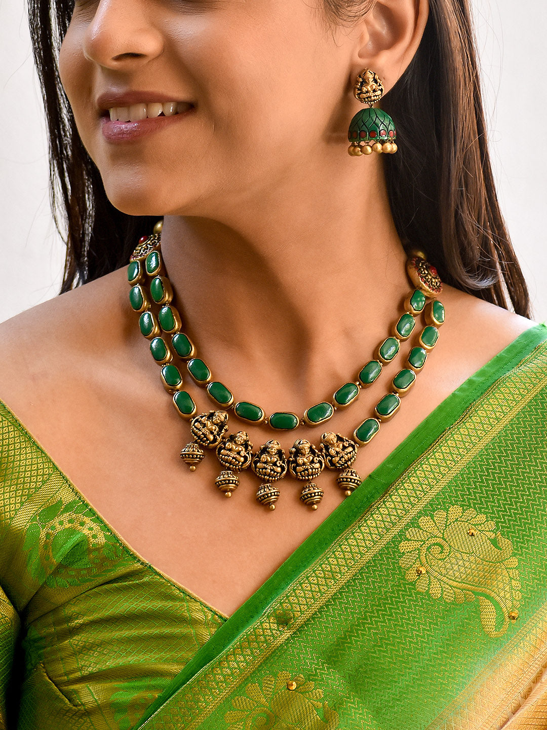 Handcrafted Temple Two Layer Terracotta Jewellery Set in Emerald Green, Ruby Red & Antique Gold