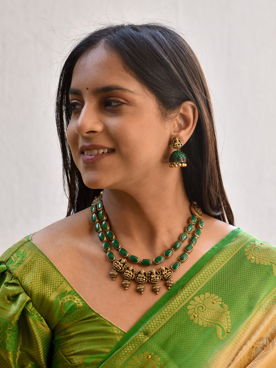 Handcrafted Temple Two Layer Terracotta Jewellery Set in Emerald Green, Ruby Red & Antique Gold