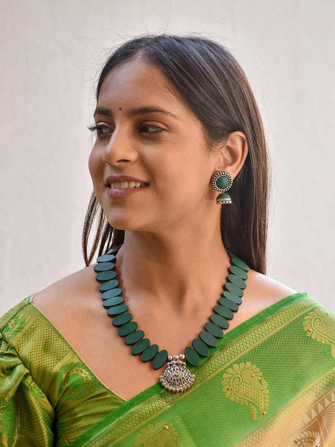Beautifully Handcrafted Geometric Terracotta Jewellery Set in Matte Green & Antique Silver
