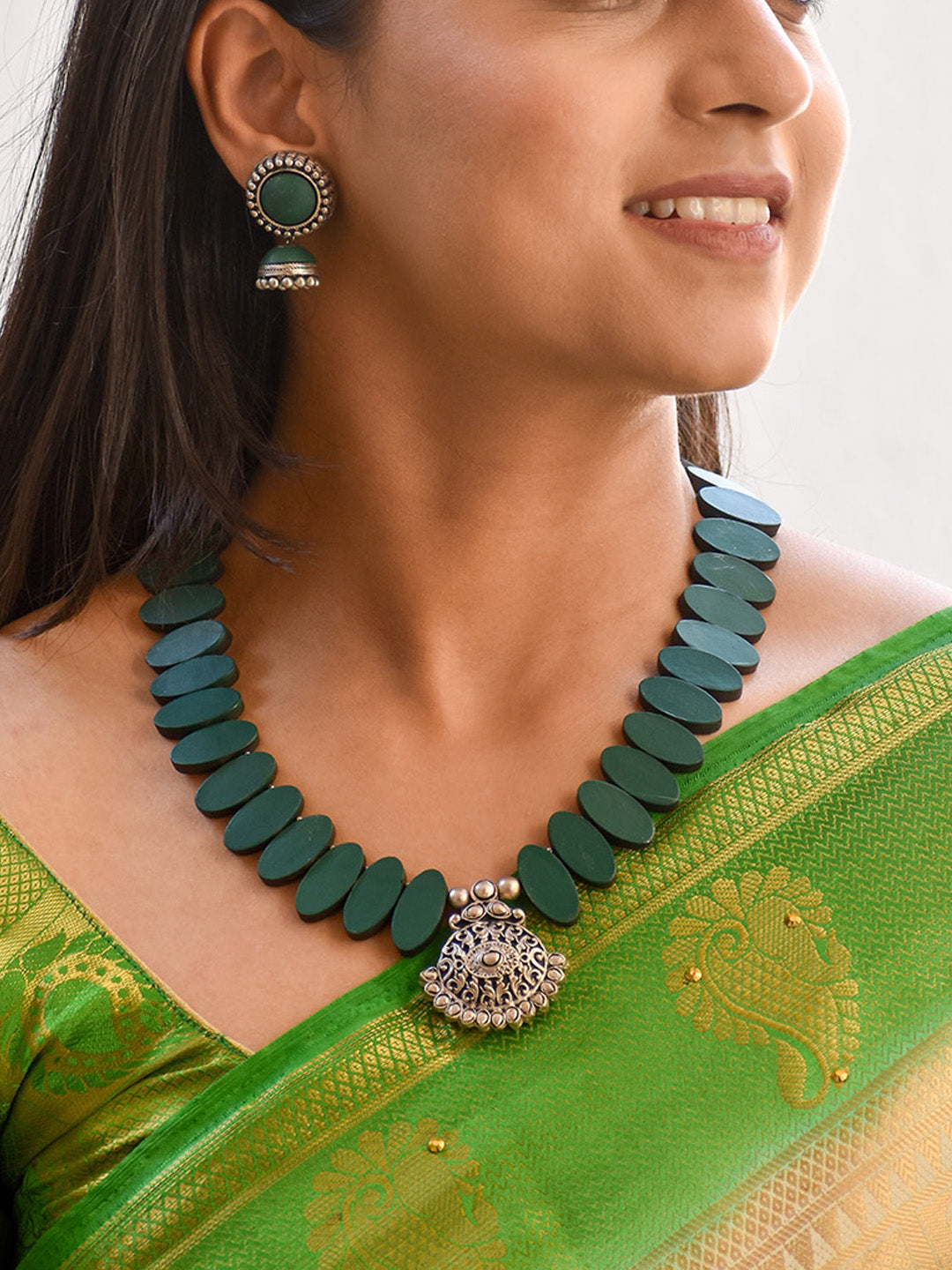 Beautifully Handcrafted Geometric Terracotta Jewellery Set in Matte Green & Antique Silver