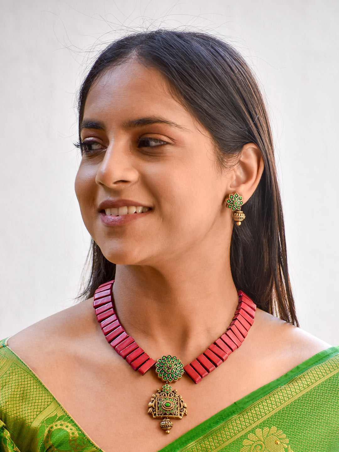 Beautifully Handcrafted Geometric Terracotta Jewellery Set in Cherry Red, Emerald Green & Antique Gold