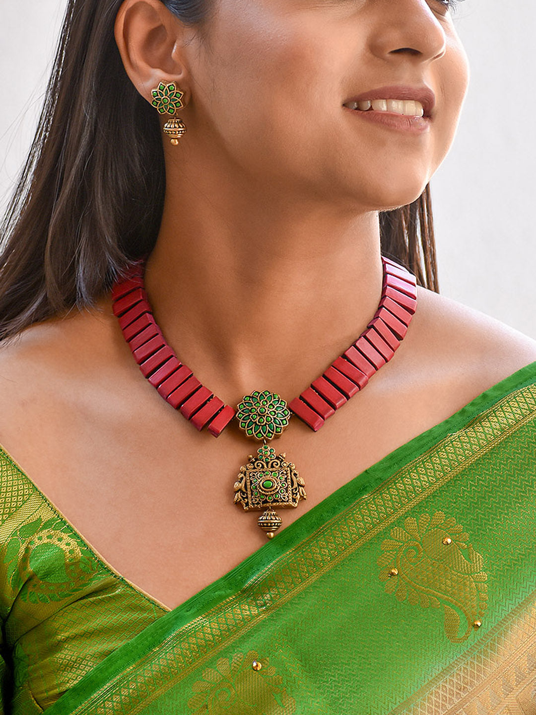 Beautifully Handcrafted Geometric Terracotta Jewellery Set in Cherry Red, Emerald Green & Antique Gold