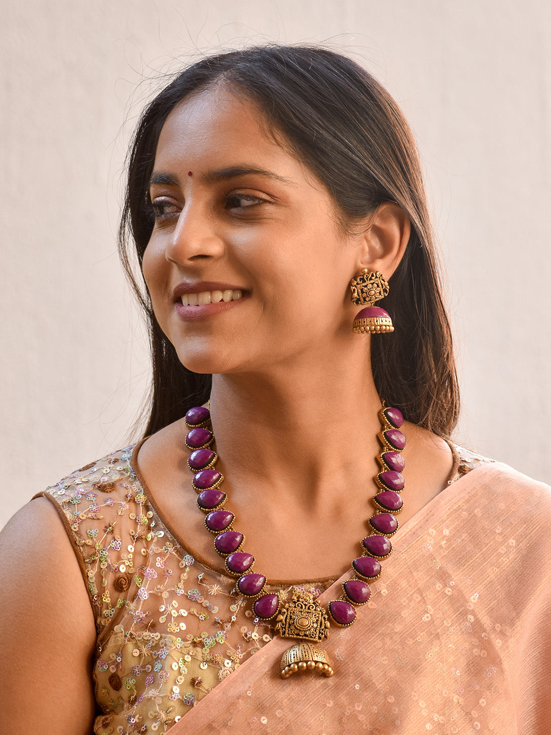 Beautifully Handcrafted Temple Terracotta Jewellery Set in Purple & Antique Gold