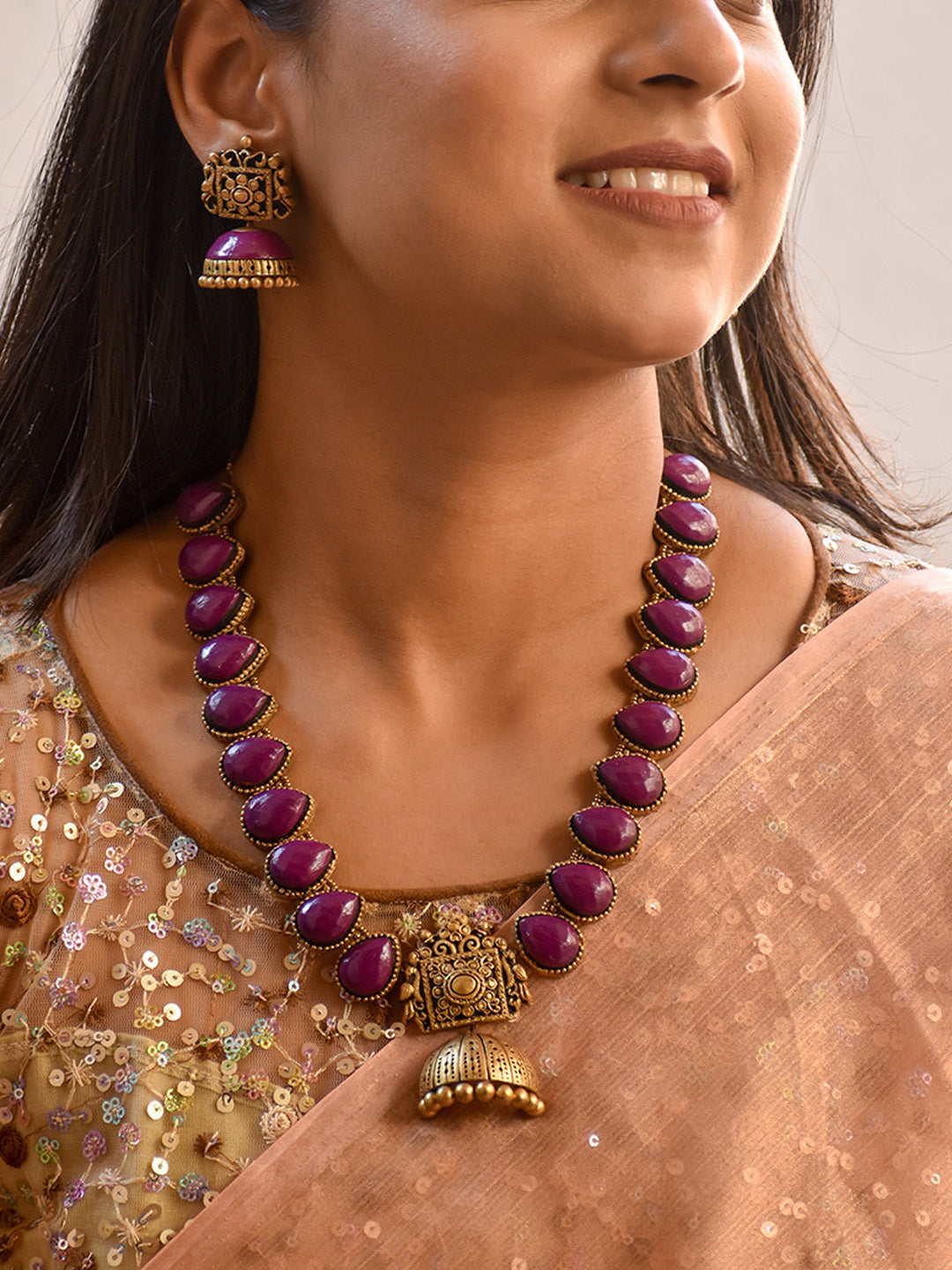 Beautifully Handcrafted Temple Terracotta Jewellery Set in Purple & Antique Gold