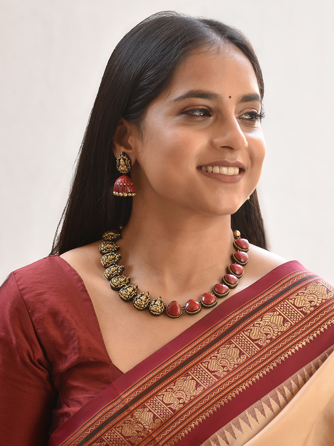 Raktambara Vinayaka — Handcrafted Divine Ganesha Pendants Terracotta Jewellery Set in Red and Antique Gold