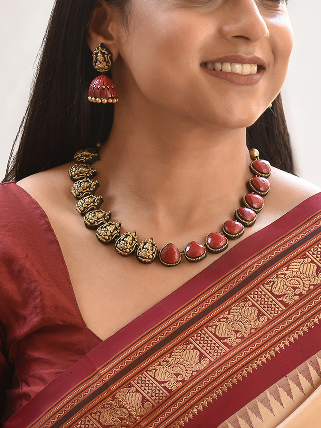 Raktambara Vinayaka — Handcrafted Divine Ganesha Pendants Terracotta Jewellery Set in Red and Antique Gold