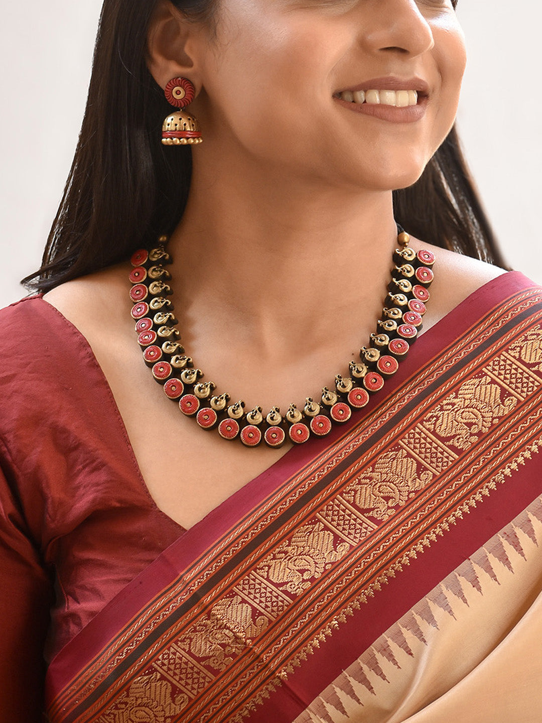 Handcrafted Droplet Design Jewellery Set in Antique Gold & Red