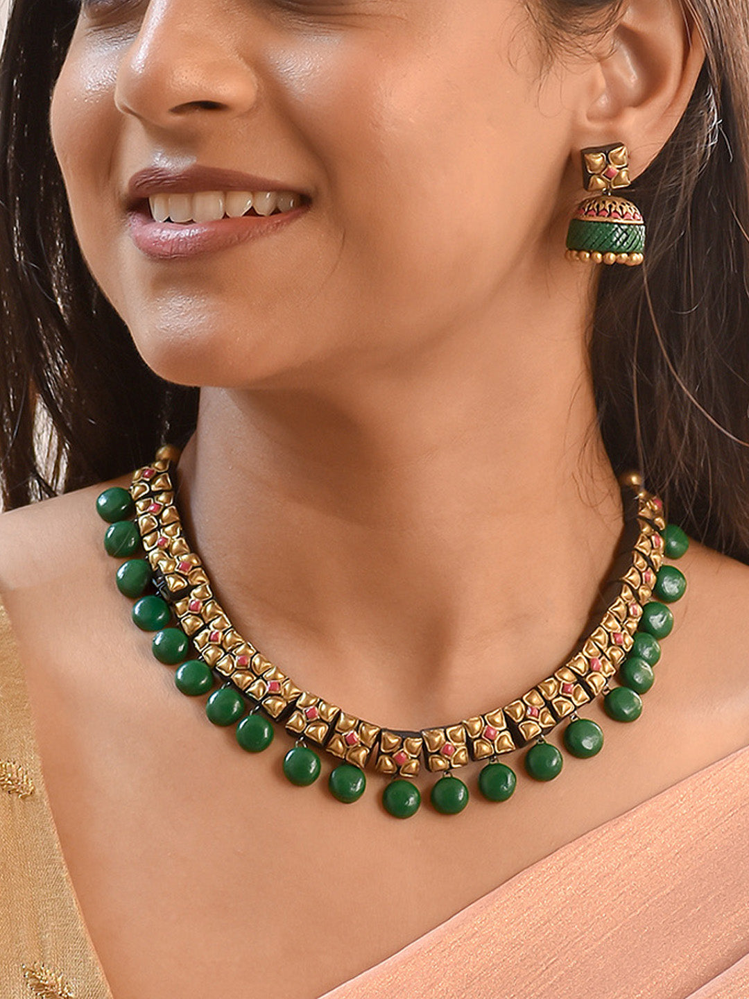 Handcrafted Droplet Design Jewellery Set in Antique Gold with Green & Pink Accents
