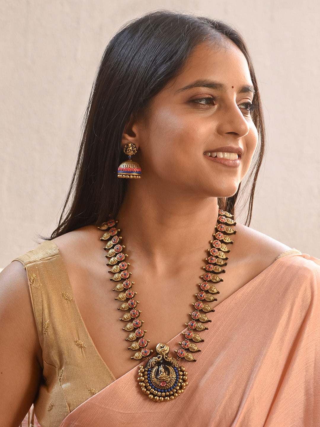 Handcrafted Temple Design Terracotta Jewellery Set in Red, Blue and Antique Gold