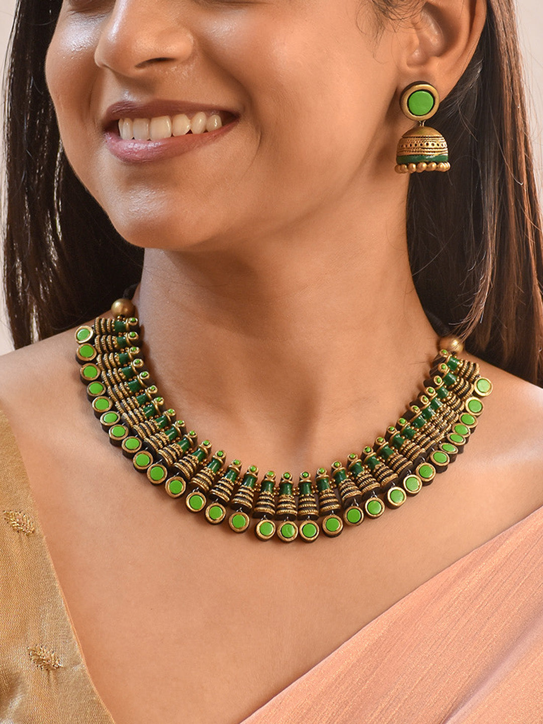 Handcrafted Layered Design Terracotta Jewellery Set in Green & Antique Gold