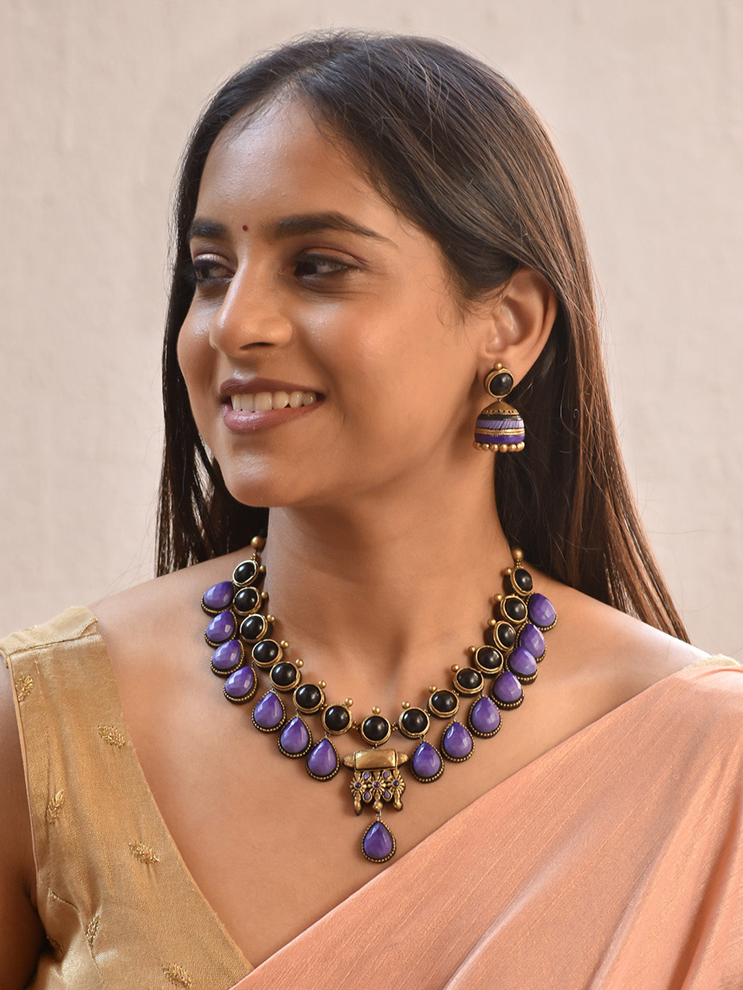 Handcrafted Dual-Tone Tear Drop Design Terracotta Jewellery Set in Purple, Black and Antique Gold