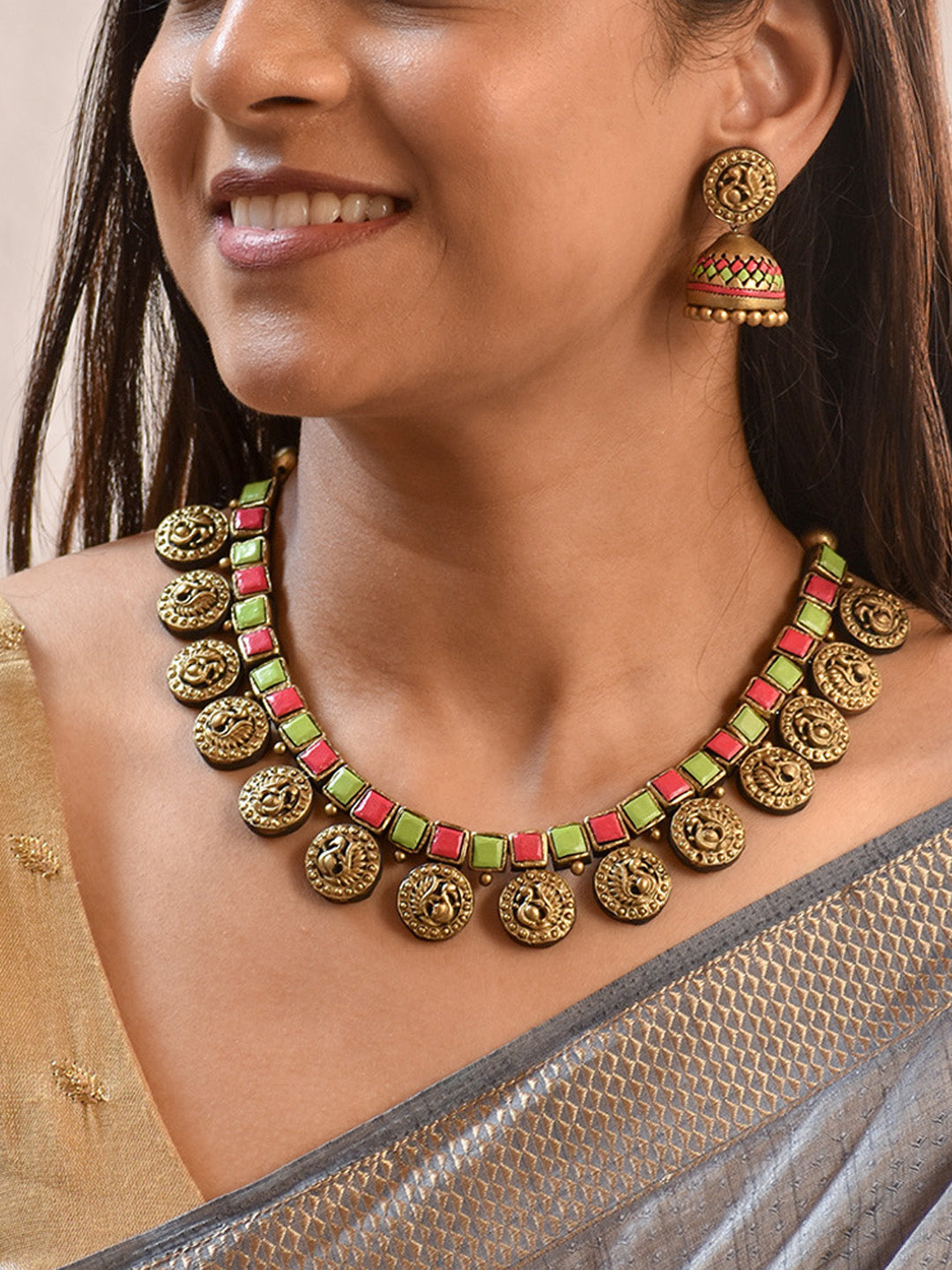 Handcrafted Peacock Motif Terracotta Jewellery Set in Red, Green and Antique Gold