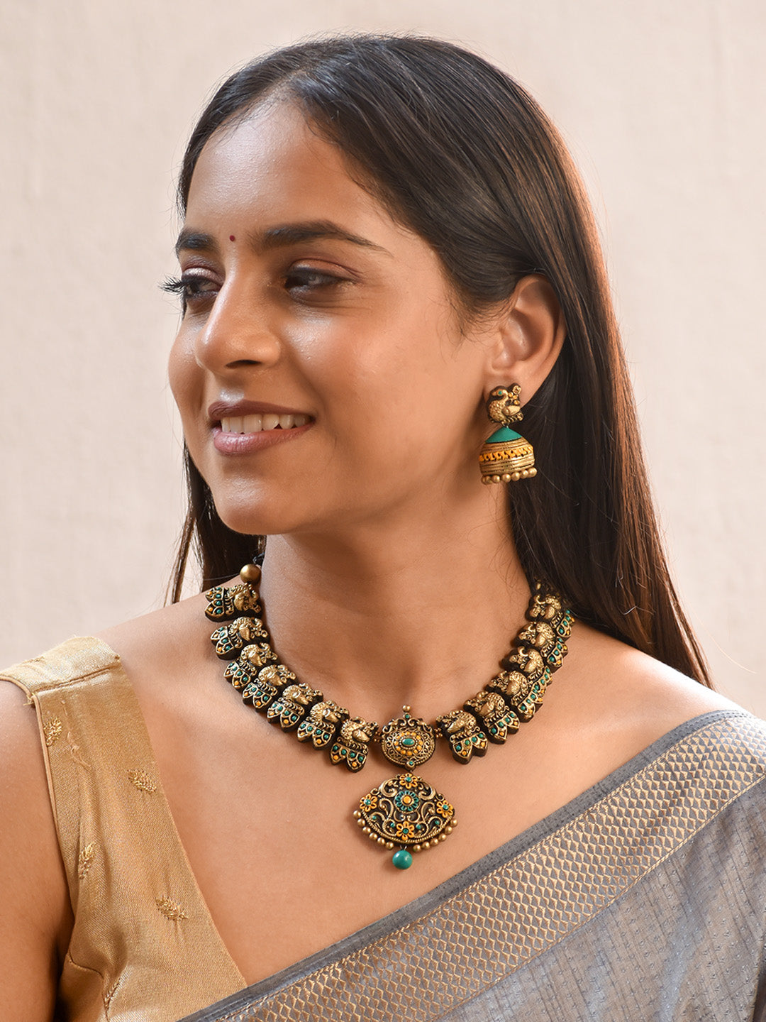 Handcrafted Peacock Motif Terracotta Jewellery Set in Green & Antique Gold
